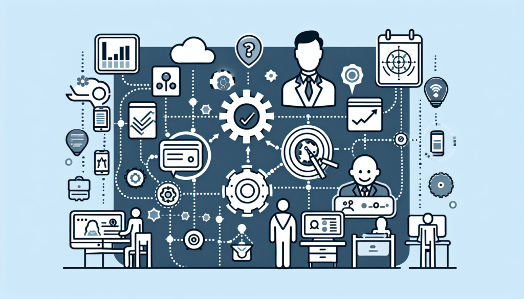 Create an illustration representing a business setup where different symbols are used to depict various business functions such as sales, marketing, and customer service. Include two distinct icons, one representing an automation software program and the other a customer relationship management program, connected to these different symbols.