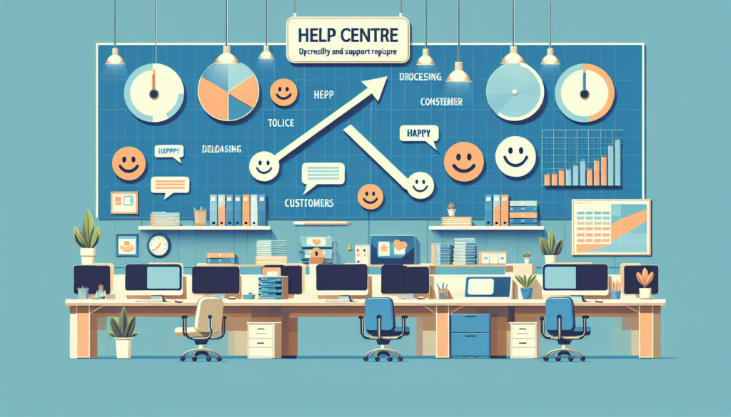 Create an orderly and aesthetically pleasing help centre. The scene should include infographics on the walls, projecting decreasing volumes of support requests. Also, include emoticons or graphics that symbolize happy, satisfied customers. The overall atmosphere should convey a successful customer support effort, filled with contentment and professionalism. Elements such as desks, chairs, computers, and other standard help centre essentials should be added for an authentic look. The color palette used should instil calmness and trust.