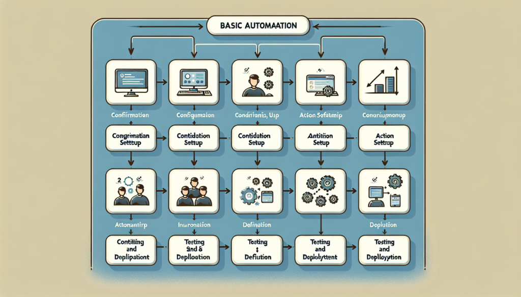 A highly informative, tutorial-style image illustrating a step-by-step workflow of setting up a basic automation process. This should include individual, labelled icons symbolizing each significant step involved in using the online automation tool, Zapier. The image narrative begins from the introductory phase of the process, navigating through configuration, condition setup, action definition, and finally testing and deployment, each phase separated clearly. Use soft colors to maintain a professional aesthetic while ensuring clarity and simplicity to aid the learning experience.