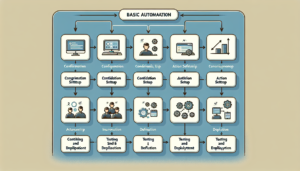 A highly informative, tutorial-style image illustrating a step-by-step workflow of setting up a basic automation process. This should include individual, labelled icons symbolizing each significant step involved in using the online automation tool, Zapier. The image narrative begins from the introductory phase of the process, navigating through configuration, condition setup, action definition, and finally testing and deployment, each phase separated clearly. Use soft colors to maintain a professional aesthetic while ensuring clarity and simplicity to aid the learning experience.