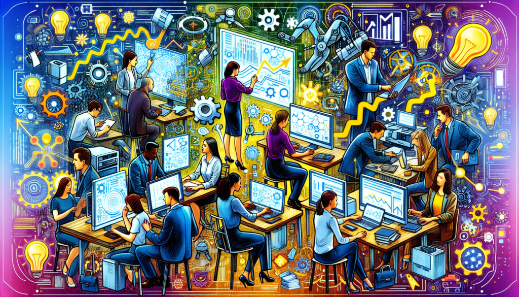 An illustration full of vibrancy featuring small business marketers of diverse descents and genders. They are hard at work using their computers and electronic devices. Some of them are deeply focused on projections on their screens, and others are engrossed in complex schematics on intricate devices. Around them, symbols of automation float, denoting seamless integration of technology in their daily tasks. Energetic patterns of growth graphs, manifesting in various part of the image, represent the noteworthy progression and expansion of their businesses.