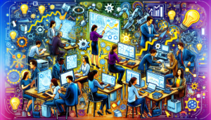 An illustration full of vibrancy featuring small business marketers of diverse descents and genders. They are hard at work using their computers and electronic devices. Some of them are deeply focused on projections on their screens, and others are engrossed in complex schematics on intricate devices. Around them, symbols of automation float, denoting seamless integration of technology in their daily tasks. Energetic patterns of growth graphs, manifesting in various part of the image, represent the noteworthy progression and expansion of their businesses.