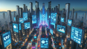 An intricate view of a futuristic cityscape bathed in twilight blue, with towering skyscrapers stretching towards the cloudless night sky, adorned with neon lights. Rather unusual, the buildings are covered with gigantic digital signage displaying various data and metrics. These metrics are an insight into customer success in a high-tech world. The streets below are bustling with the harmonious dynamism of AI-based customer service interactions, hinted at by holographic displays of AI symbols, chat bubbles, and humanoid robots providing customer assistance.