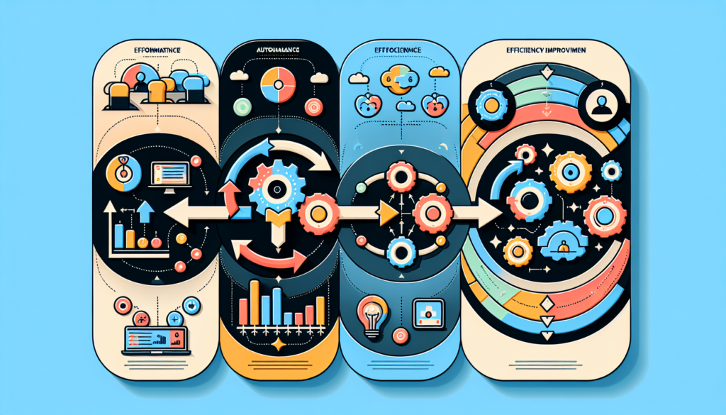 Create an infographic with a high-energy color palette. In the infographic, include five distinct representations of automation workflows, signifying a software like Zapier. Use consistent iconography and design elements across each of the workflows to show a connection. Indicate the efficiency improvement in the workflows using arrows and progress bars. Create an overall sense of improved performance and efficiency.