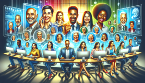 A vivid artistic illustration of a diverse business team composed of a Caucasian male, Hispanic female, Black male and Middle-Eastern female. They are all working in tandem, using an array of digital communication tools such as computers, tablets, and smartphones. Displayed on their screens are a variety of happy customers; a South Asian woman, a White man, and a Black woman, all beaming with satisfaction. The setting should be a modern, efficient workspace, filled with light and energy, reflecting the positive dynamics of the team and their successful customer interactions.