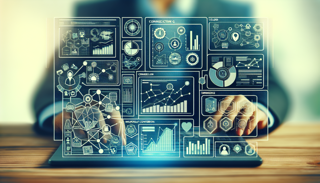 Generate an image of a stylized sales dashboard filled with detailed charts and graphs. These visual elements should be interconnected with metaphorical connecting lines signifying efficient Customer Relationship Management (CRM) processes. The visuals should evoke a sense of meticulous data management and strategic planning, incorporating colors like blue and green for a soothing yet professional look.