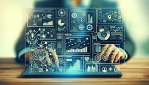 Generate an image of a stylized sales dashboard filled with detailed charts and graphs. These visual elements should be interconnected with metaphorical connecting lines signifying efficient Customer Relationship Management (CRM) processes. The visuals should evoke a sense of meticulous data management and strategic planning, incorporating colors like blue and green for a soothing yet professional look.