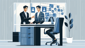 An illustration featuring a South Asian male business professional seated in a modern, clean office environment. He is depicted as actively engaged in setting up automations using a computer software named Zapier. He should have a focused expression, be shown interacting with a desktop computer, with visible screen reflecting the block-type arrangement of Zapier automations. The environment around him should complement the vibe of a contemporary workspace - elements can include a minimalist desk, ergonomic chair, a potted plant, and good natural lighting pouring in from a window nearby.