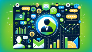 Create a visual representation of a digital interface with a chat-oriented company's logo surrounded by symbols of customer engagement indicators such as chat icons, email icons, smiling emojis, etc., and graphical representations of growth charts including bar graphs, line graphs, and pie charts. The color scheme should include vibrant green, deep navy blue, and white.