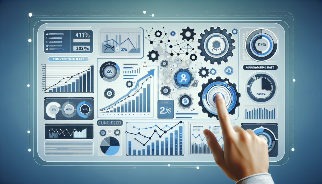 An image of a sales dashboard filled with a variety of different types of charts and diagrams, each one showcasing an increase in conversion rates. These increases are attributed to the use of automated marketing tools like those found in a typical CRM. To symbolize the concept of automation, elements such as gears, connections and cogs can be sprinkled throughout the dashboard. The dashboard's color scheme could be a calm blend of blues, whites and grays, and should have a well-organized, clean and professional look.