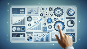 An image of a sales dashboard filled with a variety of different types of charts and diagrams, each one showcasing an increase in conversion rates. These increases are attributed to the use of automated marketing tools like those found in a typical CRM. To symbolize the concept of automation, elements such as gears, connections and cogs can be sprinkled throughout the dashboard. The dashboard's color scheme could be a calm blend of blues, whites and grays, and should have a well-organized, clean and professional look.