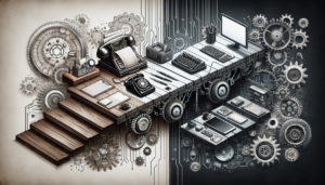 An intricate image illustrating the transformation from traditional to digital business paradigms. On one side, visualize an old-fashioned, analog desk with paperwork, an ink pen, and a classic phone indicating traditional business methods. Transitioning towards the other side, the objects morph into digital gears and circuits, forming a sturdy bridge. This bridge ends into a modern, digital space with a sleek glass desk topped with a futuristic computer and accessories, representing an advanced digital business model. Use a slightly desaturated color palette to emphasize the technological transition.