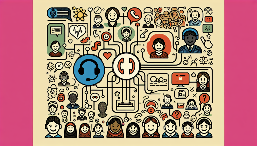 An intricate illustration of an integrated communication platform. In this setup, imagine symbols representing two distinct communication services: one characterized by a simple call button and the other by a helpdesk sign, both conceptual representations and not associated with any existing platforms. These two icons are connected with a network of lines to a variety of diverse satisfied customer icons. The customers differ in appearance representing different genders and descents such as Caucasian, Black, Hispanic, Middle-Eastern, and South Asian, all sharing cheerful and content expressions on their faces.