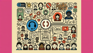 An intricate illustration of an integrated communication platform. In this setup, imagine symbols representing two distinct communication services: one characterized by a simple call button and the other by a helpdesk sign, both conceptual representations and not associated with any existing platforms. These two icons are connected with a network of lines to a variety of diverse satisfied customer icons. The customers differ in appearance representing different genders and descents such as Caucasian, Black, Hispanic, Middle-Eastern, and South Asian, all sharing cheerful and content expressions on their faces.