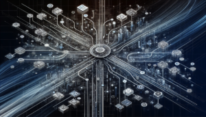 Create an abstract representation of business communication flow. The visualization showcases multiple channels of communication symbolized by different streams, steadily converging into a single, central hub. The central hub is intricately linked with various digital platforms, represented by distinct, symbolical architectural structures. Avoid specific references but include structures similar to popular customer support platforms. The overall image should feel connected, indicating constant information exchange, and uphold the digital, tech-savvy environment it represents.