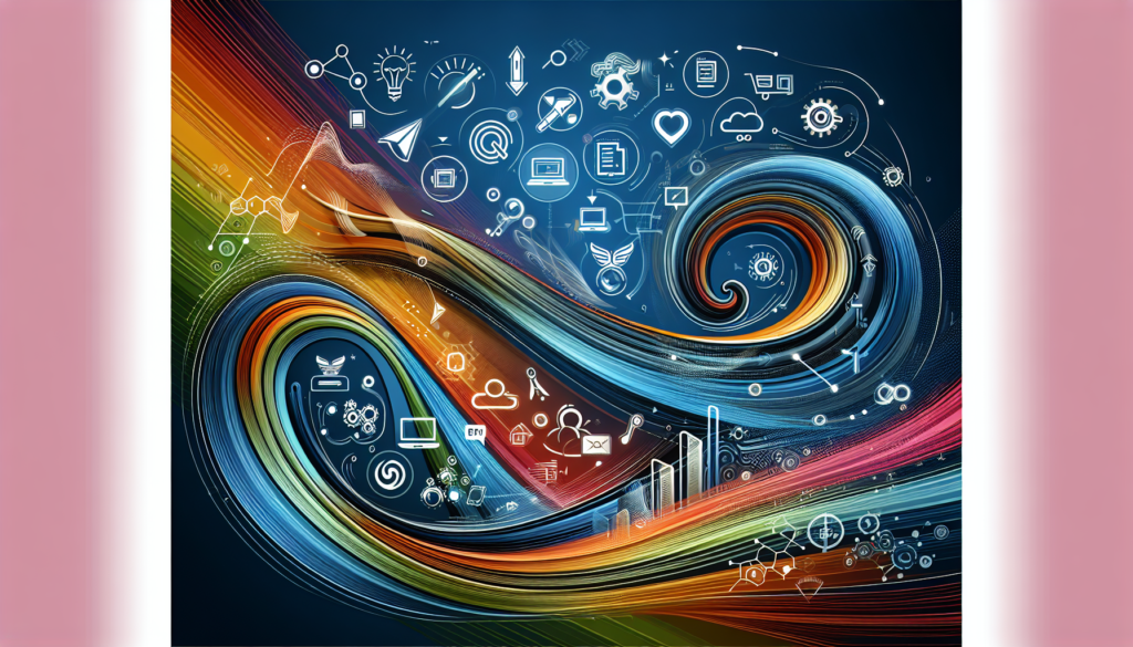 Create an abstract illustration representing the concept of dynamic and agile business processes. There should be flowing lines signifying fluidity and flexibility, traditional symbols for business tools, and icons that evoke the themes of automated workflows and online marketing solutions without directly referencing any specific services. Let the colors be predominantly vibrant, indicating the energy and pace of modern businesses.