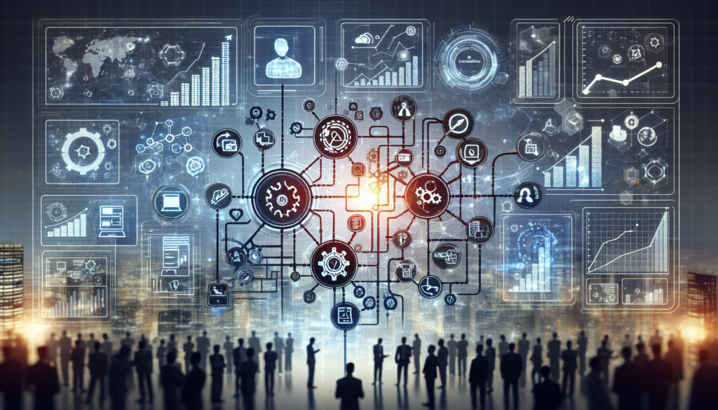 Visualize a bustling business environment filled with intricate digital visualizations of workflows. In the center of the scene, two symbolic icons representing various automation tools are connected with a digital link. These icons do not mirror any specific product logos, but one should embody the theme of connectivity and interconnectivity while the other embodies marketing and customer relationship management. Encircle this connection with dynamic bar graphs and line graphs that illustrate substantial growth, igniting a sense of progress and success. Make clear that these representations show abstract digital data rather than specific company content.