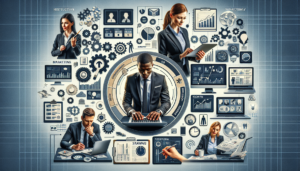 Create a detailed collage depicting several aspects of business operations such as human resources, marketing, and sales. These operations should be shown being streamlined through the use of digital tools like computers, tablets, and software interfaces. Details should emphasize the concepts of productivity and efficiency. Imagery may include a Caucasian woman managing HR data on a laptop, a Black man strategizing sales trends on a tablet, and a Hispanic person executing a marketing campaign on a desktop computer. Elements of time-saving, accuracy, and task organization should be prominent in the design.