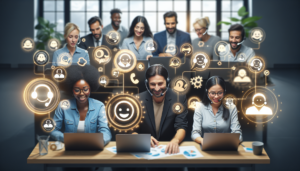 An image representing a support team diligently working in a modern office setting. The team consists of various individuals of different descents like Black, Hispanic, Middle-Eastern, and Caucasian both male and female. They are using laptops with the interface of a popular customer service software displayed on the screens. Floating around are icons showcasing satisfied customers, these icons take form as symbols of happiness and efficiency. Each symbol is distinctive, and their joyous and productive expressions reflect the success and hard work of the support team.