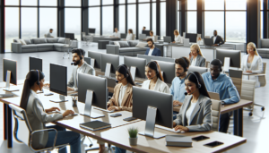 A team of customer service agents with varied backgrounds working together in a modern office setting. The team consists of a South Asian female agent, a Black male agent, a Hispanic female agent, and a Middle-Eastern male agent. All are interacting with clients through Intercom across a range of devices such as desktop computers, laptops, tablets, and mobile phones. In the background, a wide open office space filled with sleek, contemporary furniture can be seen.