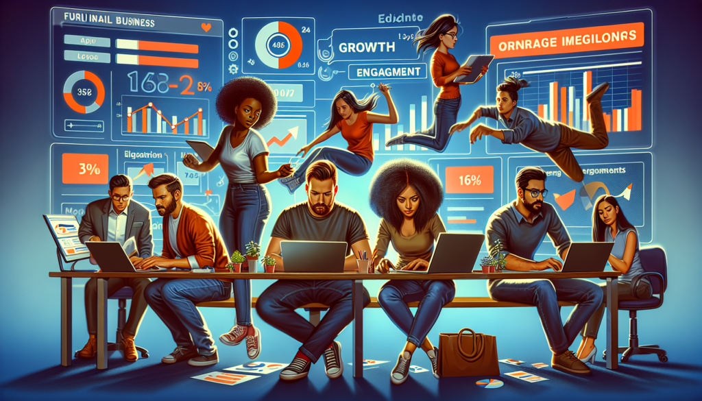 An energetic scene depicting a diverse small business marketing team deeply engaged with digital tools. The team consists of a Caucasian man keenly studying growth metrics, an African woman analyzing engagement metrics, a Hispanic woman interacting with the digital tool, an East Asian man diligently checking the data dashboards, and a Middle Eastern man strategizing next steps. All of them focused towards achieving their business goals using a generic customer relationship management system.