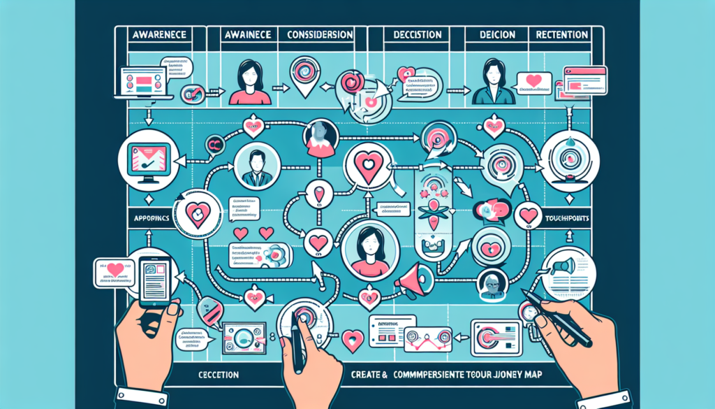 Create a detailed and comprehensive customer journey map featuring various touchpoints. It should visually depict personalized interactions facilitated by tools resembling those commonly used in digital communication platforms. The image should show stages like awareness, consideration, decision, and retention, emphasizing specific instances where these tools enhance the customer experience. The journey map should also include emotional highs and lows to highlight the critical role these tools play in managing customer satisfaction.