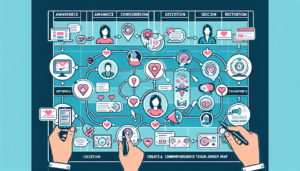 Create a detailed and comprehensive customer journey map featuring various touchpoints. It should visually depict personalized interactions facilitated by tools resembling those commonly used in digital communication platforms. The image should show stages like awareness, consideration, decision, and retention, emphasizing specific instances where these tools enhance the customer experience. The journey map should also include emotional highs and lows to highlight the critical role these tools play in managing customer satisfaction.