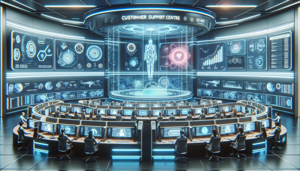 A futuristic scene of a customer support centre. The centre has a sleek and modern design with advanced technology permeating its structure. Large digital screens adorn the walls, displaying data charts and graphs illustrating various customer-support trends. Though these technologies are not specified, they are similar in functionality and influence to advanced customer service tools commonly seen. Holographic displays flicker with incoming messages and queue status, while support agents, ranging from Caucasian women to Middle-Eastern men, busily work at multi-screened desks below. This scene represents the potential future of customer service technology.