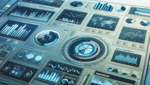 An analytical dashboard with generic branding displaying various data insights through charts and graphs. These visuals should illustrate key business intelligence needed for strategic decision-making. The spectrum of the data representation should include pie charts, bar graphs, and trend lines, each depicting different dimensions of the business dataset. Use a cool, professional color scheme with a focus on blues and grays to portray seriousness and sophistication.