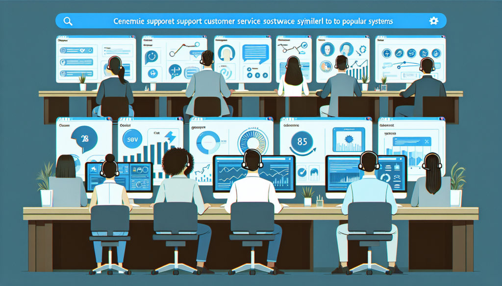 Generate an illustration of several customer support agents of various genders and descents at their desks. They are working diligently, focusing on their modern digital dashboards. Their screens display various tools and important features of a generic customer service software similar to popular systems. The image should highlight interactive features such as chat windows, ticketing systems, and analytics graphs.