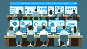 Generate an illustration of several customer support agents of various genders and descents at their desks. They are working diligently, focusing on their modern digital dashboards. Their screens display various tools and important features of a generic customer service software similar to popular systems. The image should highlight interactive features such as chat windows, ticketing systems, and analytics graphs.