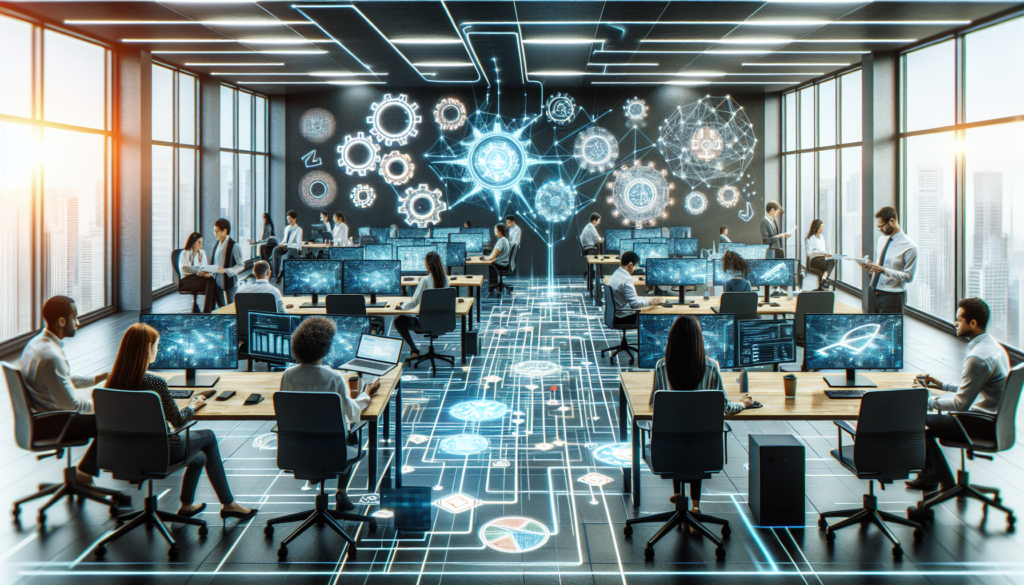 Imagine an office setting where departments are seamlessly connected through cutting-edge technology. There are visible digital links, represented by lines of light, that weave through the room, connecting various stations and computers. Emblems of gears and lightning bolts symbolise the optimisation of business processes. The walls are adorned with flowcharts and diagrams, reflecting the automated workflows intricacy. In the room, diverse employees engage with each other and their workspaces. A Middle-Eastern woman works on a laptop, a Black man analyzes data on a big screen, a Caucasian man is in a meeting, and a South Asian woman is operating virtual reality controls.