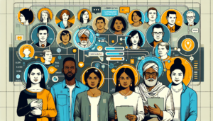 A detailed illustration showing a gathering of diverse customer profiles. Each of these profiles depicts people of varying descents and genders, such as a Middle-Eastern man, a Hispanic woman, a South Asian woman, and a Black man. The individuals are engaged with a state-of-the-art digital interface designed to offer a personalized touch to interactions. Highlight a myriad of dynamic communication flow charts on the screen of this digital interface, illustrating crucial stages of a customer's journey, from the initial interaction to feedback collection. Use a minimalist and modern artistic style for the illustration.