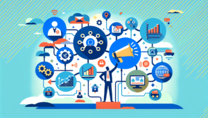 Illustrate a lively, dynamic scene that represents the integration of different business departments through automation workflows. Picture interconnected icons that represent different business functions. For instance, imagine an icon for Human Resources, characterized by a organization chart or similar symbol. Next to it, a marketing symbol like a megaphone or billboard. These icons are interconnected, showing a seamless workflow process that moves between them, symbolizing their interconnected nature. The colors used should be professional, conveying the gravity and importance of these departments in a corporate setting.