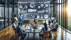 A detailed scene of a contemporary office environment, with a team of marketing professionals of different descents and genders, engaging in a brainstorming session. The team consists of an East Asian male, a Hispanic female, an African male, and a Middle-Eastern female. They are gathered around a large digital table, upon which an interface of a marketing automation tool - resembling HubSpot - is projected. The screen displays metrics, including a variety of success diagrams and automated campaign data, signifying a positive trend. The atmosphere is creative yet focused, reflecting the harmony of modern professional collaboration.