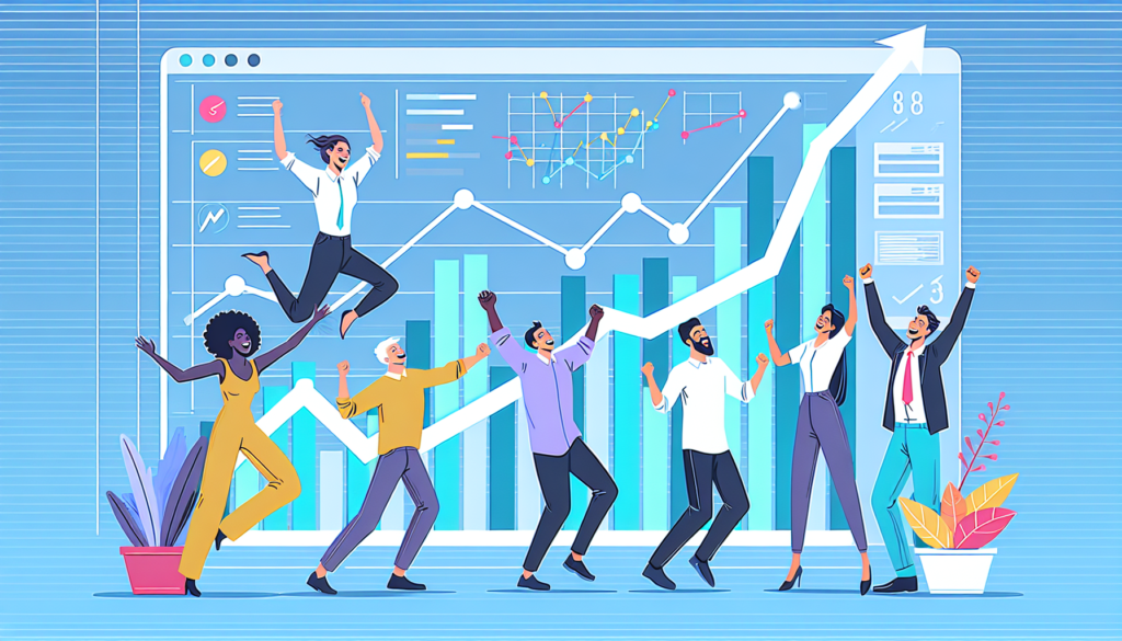 Graphical illustration of an abstract CRM interface displaying rising sales charts. Nearby, a group of team members representing various genders and descents, including Caucasian, Hispanic, Black, Middle-Eastern, and South Asian, are depicted in a state of jubilation as they celebrate the depicted increase in sales growth. Their expressions and body language convey a strong sense of enthusiasm and accomplishment.