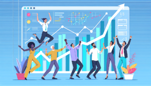 Graphical illustration of an abstract CRM interface displaying rising sales charts. Nearby, a group of team members representing various genders and descents, including Caucasian, Hispanic, Black, Middle-Eastern, and South Asian, are depicted in a state of jubilation as they celebrate the depicted increase in sales growth. Their expressions and body language convey a strong sense of enthusiasm and accomplishment.