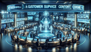 Visualize a futuristic customer support centre. The room is filled with advanced, AI-enabled tools and interactive touchpoints, serving customers with high-tech efficiency. Highlight the advanced functionalities represented by next-gen customer service technologies - such technologies might be similar to widely known platforms, but they are not specific real-world tools. The design should be ultra-modern and sleek, filled with high-resolution screens, glowing holograms, digital interfaces, and robotic assistants. The scene should look busy and bustling, reflecting the high-intensity, fast-paced environment of a state-of-the-art customer support centre in a future world.