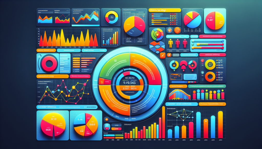 A detail-rich analytical dashboard presenting information through a variety of brightly colored charts and graphs. Insights are derived from analytics tools with features similar to those found in well-known data management software. Such features include ticket tracking, end user interaction history, and performance metrics. Specific sections of the dashboard are dedicated to pie charts, bar graphs, time-series charts, customer segmentation graphs, and customer satisfaction metrics.