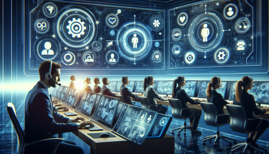 A futuristic customer support environment showcasing agents engaged in using advanced, cutting-edge technology reminiscent of today's customer communication softwares. The scene should include icons symbolizing innovation and customer satisfaction. The agents can be a mix of Caucasian and Black males and females actively contributing to the technological ambiance of the space.