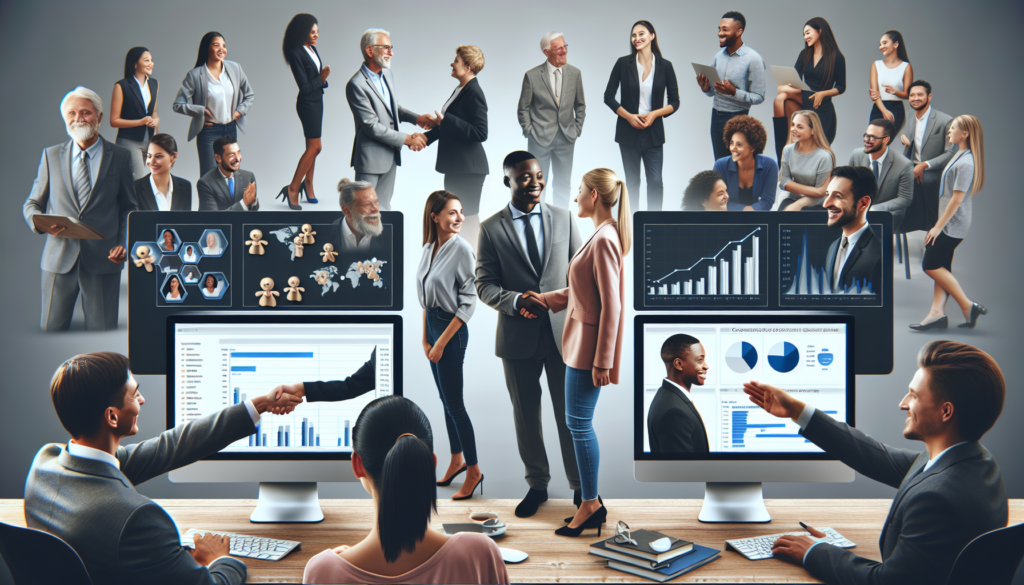 A detailed image showcasing diverse sales professionals interacting with CRM software shown on computer screens. Display charts and graphs representing conversion rates of sales leads. Further include a scene of satisfied customers of varying descents and genders shaking hands with a Caucasian female sales representative and a Black male sales representative. Neutral background to focus on the interactive and successful atmosphere and multicultural dynamic of the sales team.