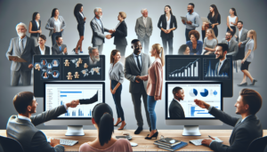 A detailed image showcasing diverse sales professionals interacting with CRM software shown on computer screens. Display charts and graphs representing conversion rates of sales leads. Further include a scene of satisfied customers of varying descents and genders shaking hands with a Caucasian female sales representative and a Black male sales representative. Neutral background to focus on the interactive and successful atmosphere and multicultural dynamic of the sales team.