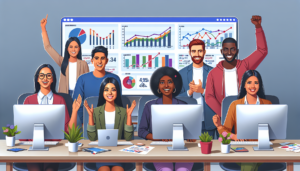 A diversified marketing team consisting of a Middle-Eastern woman, a South Asian man, a Caucasian man, and a Black woman are gathered around a table. On their computer screens are digital dashboards displaying impressive campaign data. The colorful charts and graphs on the screens demonstrate significant growth and an impressive Return on Investment (ROI). There are line graphs indicating a marked rise and bar graphs signifying increased audience reach. All team members are excited and satisfied with the results, emphasizing a successful marketing endeavor.