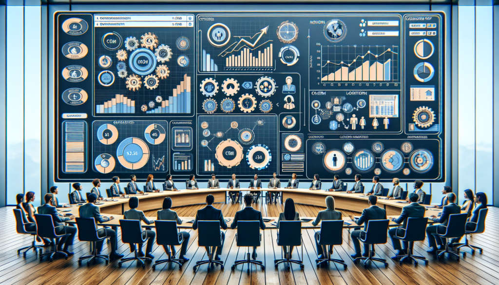 Create a detailed image of a professional sales and marketing meeting scenario. The scene features a large table around which various persons of diverse descents and genders are seated. The main focus of the image is a set of digital dashboards and graphs on a big screen. These dashboards consist of various information and analytics, symbolizing CRM features of a general, yet advanced, customer management system. This application should not have any distinguished logos or branding. Harness the intricate and vibrant energy of a modern-day professional team engaged in strategies and discussions.