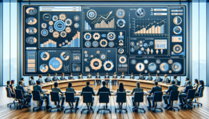 Create a detailed image of a professional sales and marketing meeting scenario. The scene features a large table around which various persons of diverse descents and genders are seated. The main focus of the image is a set of digital dashboards and graphs on a big screen. These dashboards consist of various information and analytics, symbolizing CRM features of a general, yet advanced, customer management system. This application should not have any distinguished logos or branding. Harness the intricate and vibrant energy of a modern-day professional team engaged in strategies and discussions.