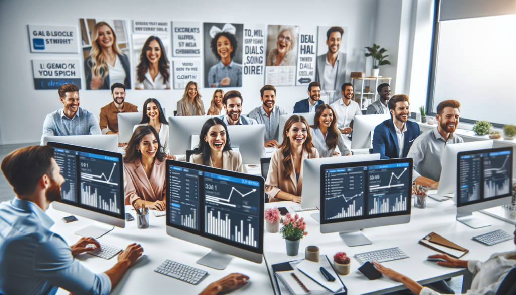 A lively sales team comprising of individuals from various descents such as Caucasian, Hispanic, and South Asian, with balanced gender representation, working in a state-of-the-art office environment. They are engaged with the HubSpot CRM software on their computers, showing signs of increased deal closures. The office walls are decorated with visual depictions of the team's successes, including charts showing growth and pictures of satisfied customers expressing their happiness. The atmosphere is electrifying due to their achievements and the shared passion for their work.