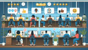 An office workspace bustling with activity. The scene includes Caucasian and Black male and female customer service representatives sitting at their desks. Each desk has two screens, one screen is running the Zendesk interface, and the other has the Intercom interface. There are visual elements popping from the screens representing improved customer interactions such as positive emoticons, thumbs up symbols, and 5-star ratings. The representatives are interacting with the system, demonstrably satisfied customers via video calls or chats, indicating a high level of customer satisfaction.