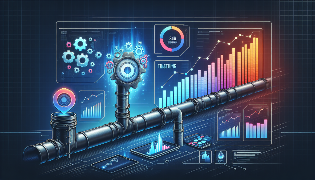 Create a detailed digital illustration. Display a pipeline that seamlessly connects the concepts of two abstract digital tools. One tool symbolizes streamlining tasks, while the other represents an effective CRM platform. Around these graphics, showcase a digital dashboard. This dashboard is filled with rising business metric visuals, like bar graphs and line charts, all indicating an increase. The overall theme demonstrates the benefits of growth and efficiency.