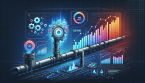 Create a detailed digital illustration. Display a pipeline that seamlessly connects the concepts of two abstract digital tools. One tool symbolizes streamlining tasks, while the other represents an effective CRM platform. Around these graphics, showcase a digital dashboard. This dashboard is filled with rising business metric visuals, like bar graphs and line charts, all indicating an increase. The overall theme demonstrates the benefits of growth and efficiency.