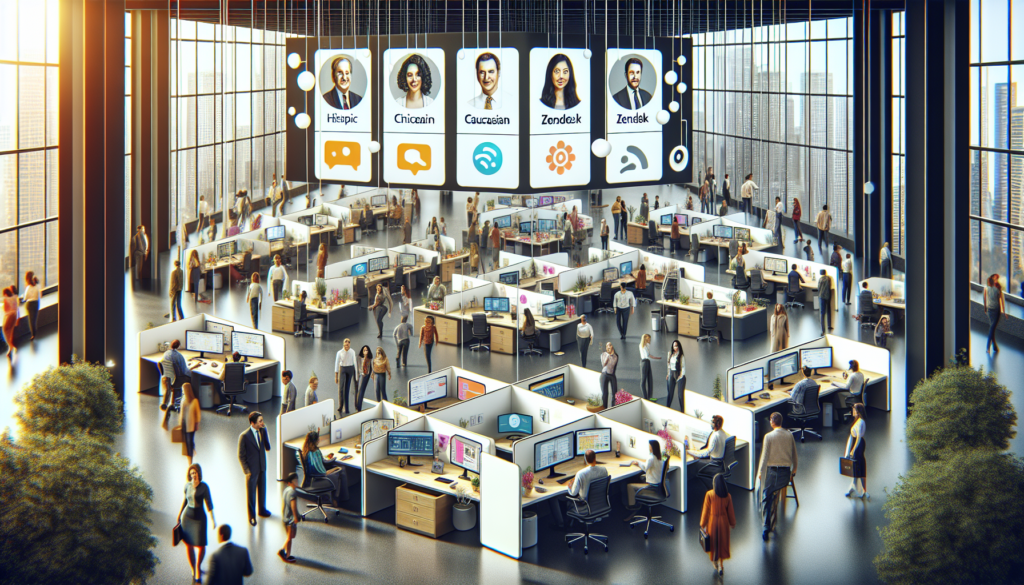 An elaborate depiction of an integrated office setting. The scene is bustling with employees and clients engaging at central communication hubs. There are screens displaying platforms similar to Intercom and Zendesk, implying a seamless exchange of information. Collaboration is a key theme, with desks arranged for teamwork, employees of different descents like Hispanic, Caucasian, Middle-Eastern and South-Asian, and varied gender seen brainstorming together, and clients participating in the dialogue. The space is modern and tech-oriented, with hints of smart technology for communication.